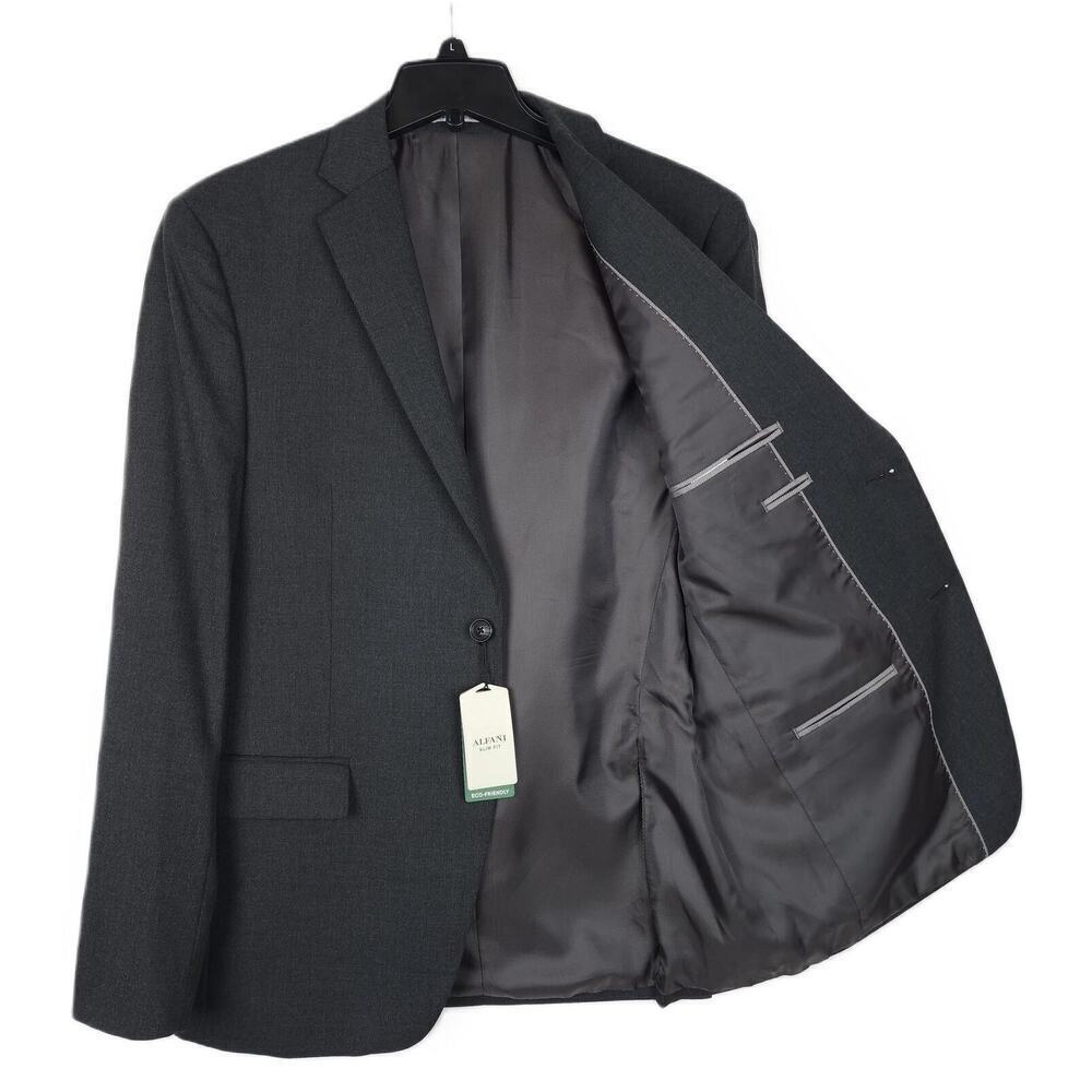 Alfani Mens Slim Fit Suit Jacket Blazer 44R Charcoal Dark Grey Solid Stretch NWT - Picture 2 of 4